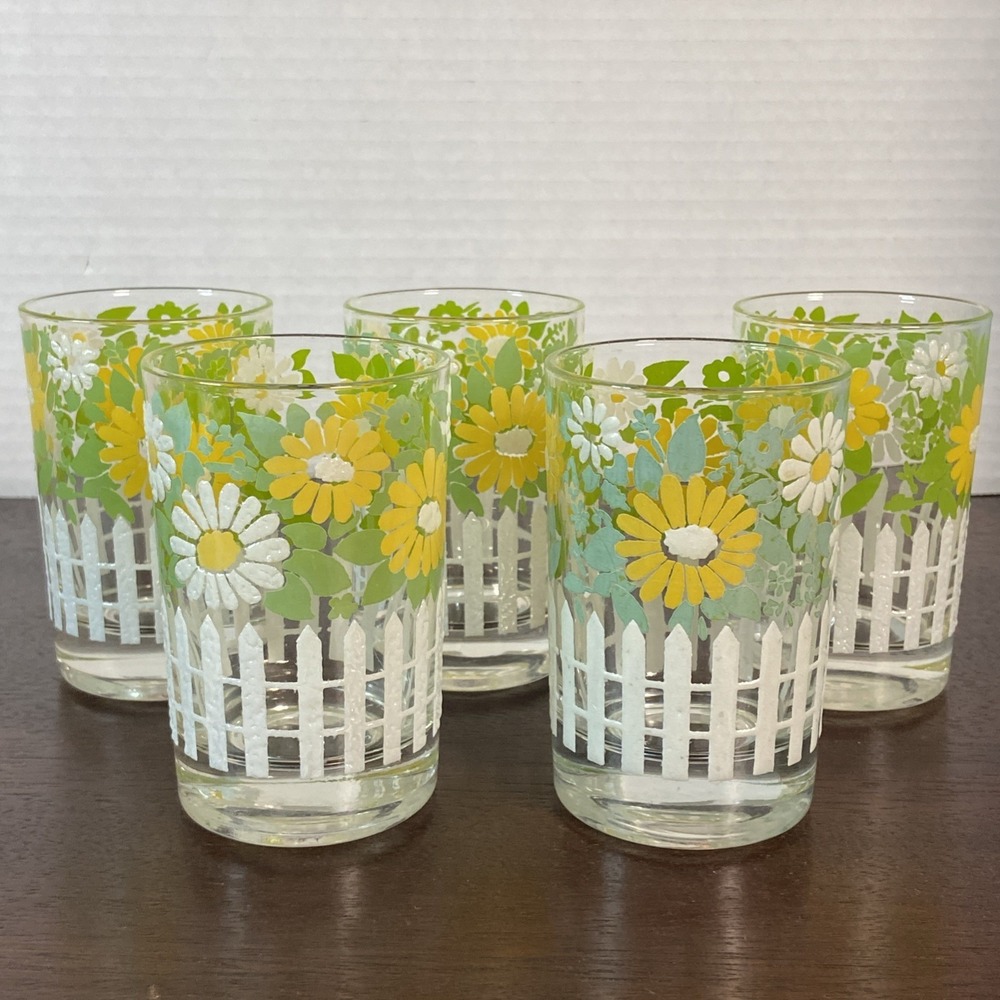 Vtg West Virginia Glass Co Daisy Picket‎ Fence Cocktail Juice Glasses Set of 5